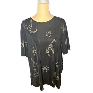 Liz Baker 90s Black Grunge Hippie Giraffe Scribble sheer Print Blouse Petite XL